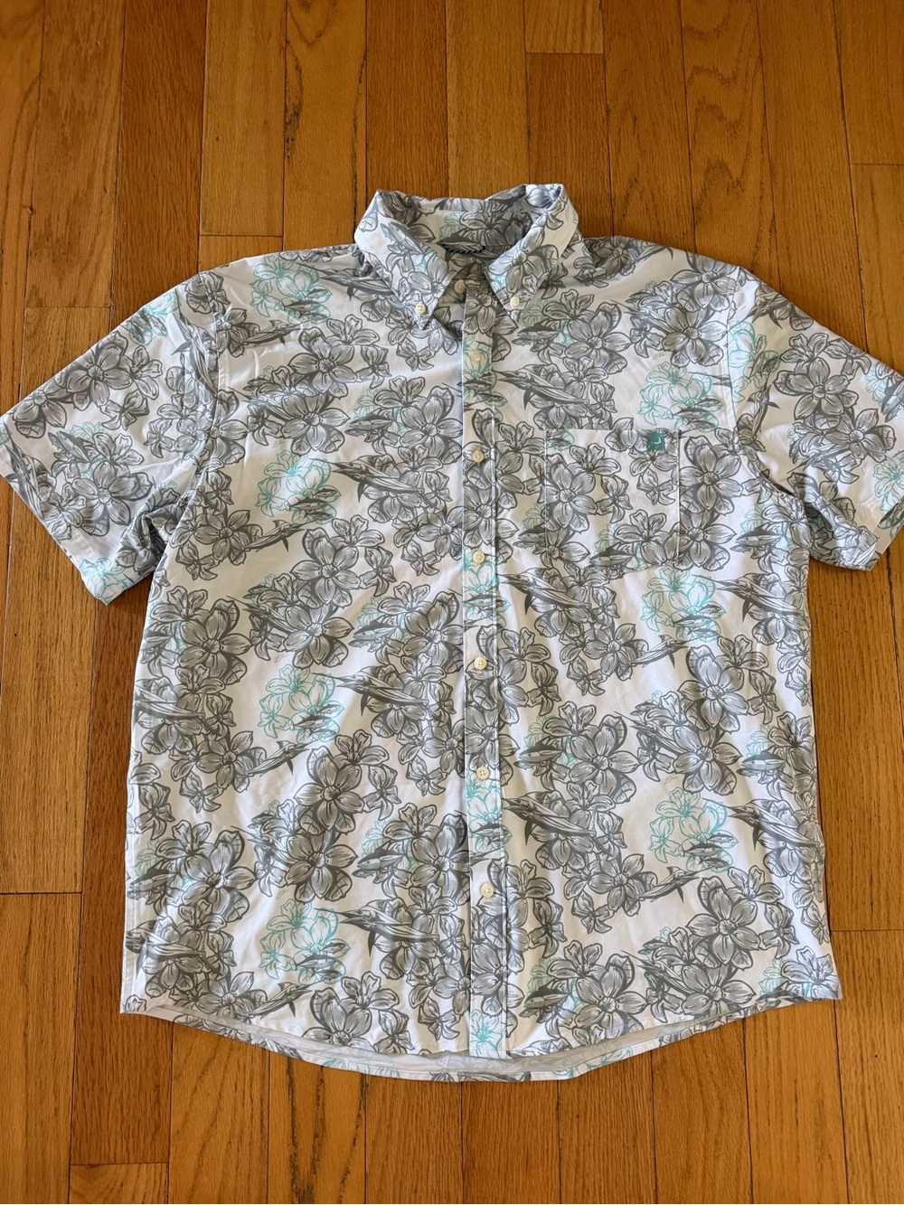 Huk White Short-Sleeve Floral Button-Down Shirt with Light Teal & Gray